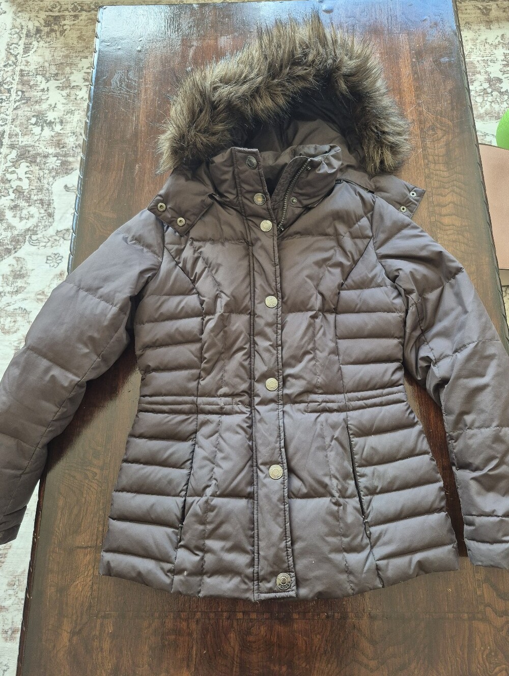 Esprit Brown Quilted Faux-Fur Trim Hooded Puffer Jacket